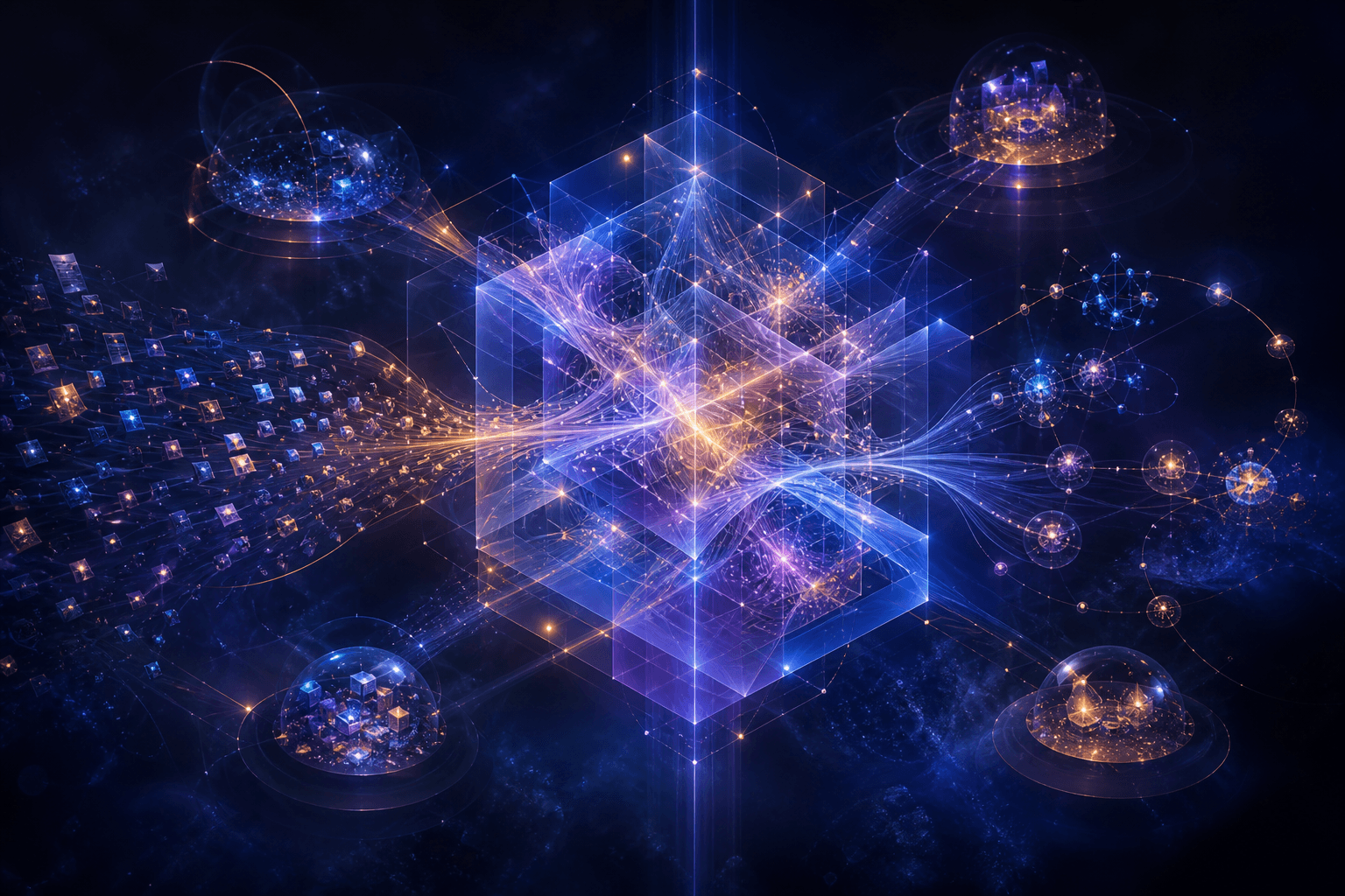 Connected blue and gold networks flowing into one central hub