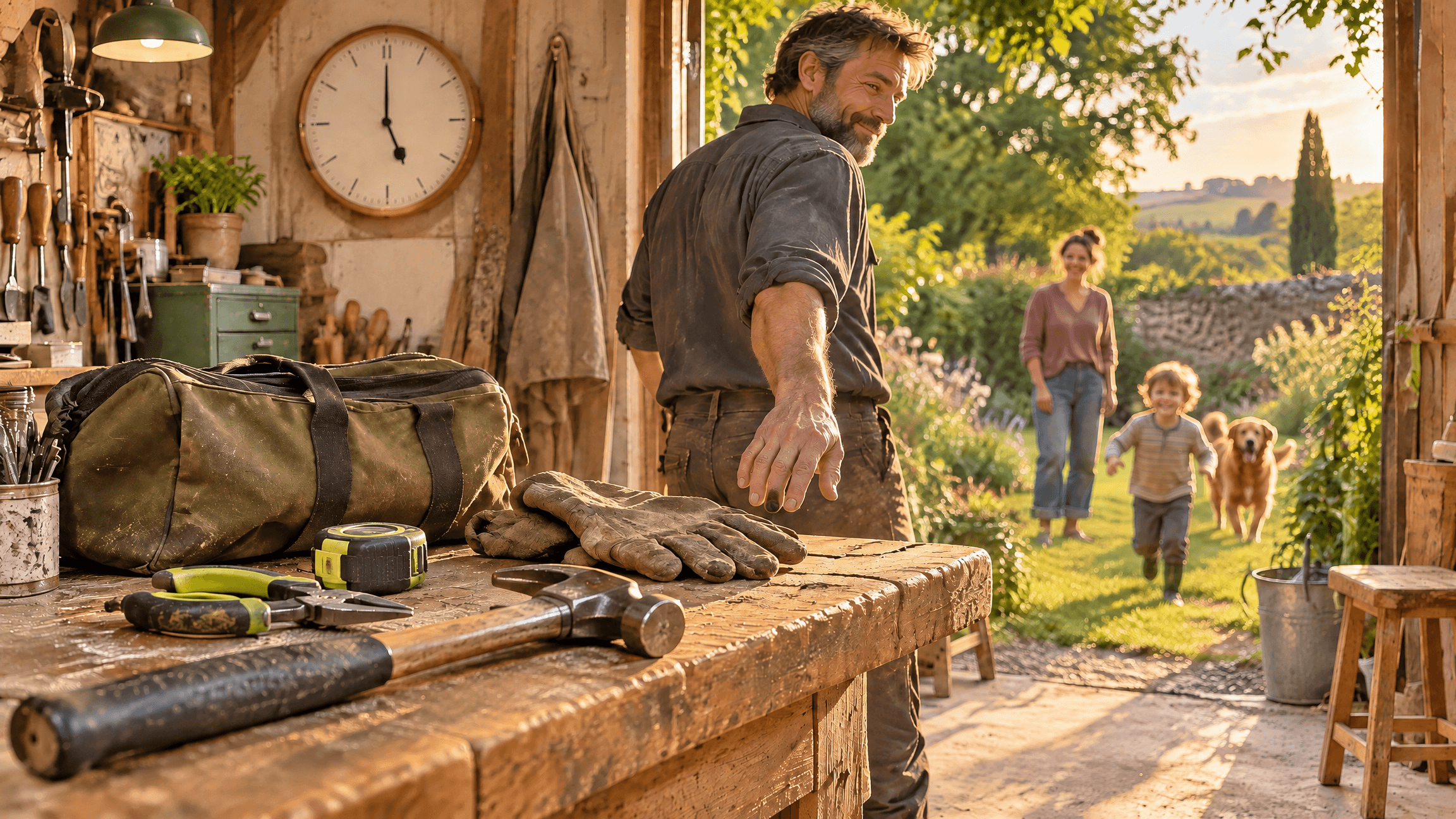 Tradesperson putting his tools down to join his family